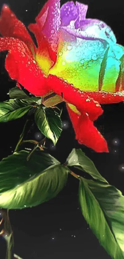 Vibrant rainbow rose on a dark background.