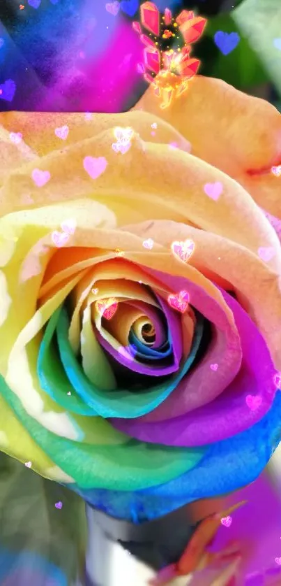 Bright rainbow rose wallpaper with heart patterns.