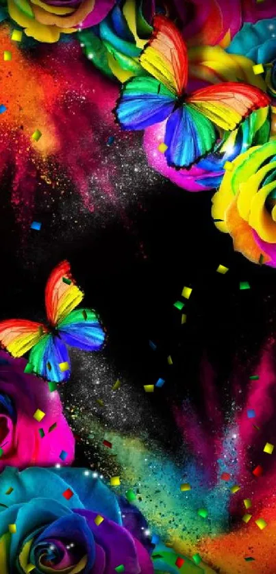 Colorful rainbow roses and butterflies wallpaper.