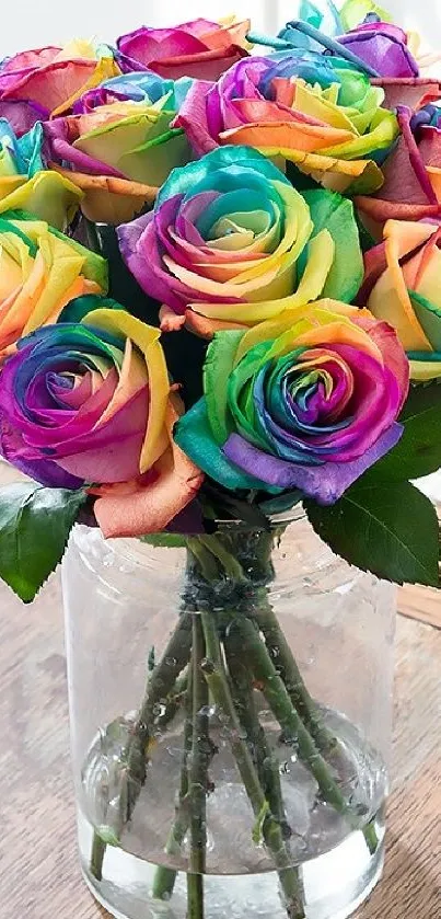 Rainbow roses in glass vase on wooden table.