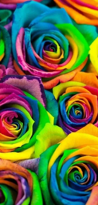 Colorful rainbow roses creating a vibrant floral wallpaper.