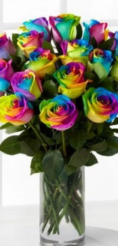 Bright and colorful rainbow roses in a clear vase.