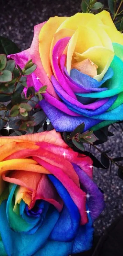 Colorful rainbow roses create a vibrant floral phone wallpaper.