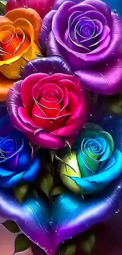 A vibrant display of colorful rainbow roses.