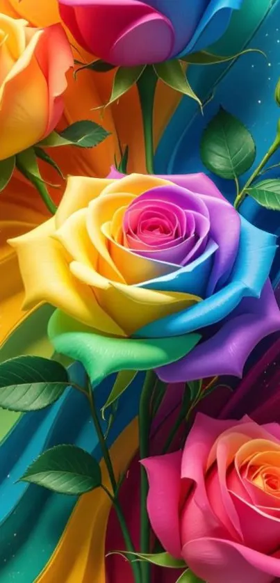 Vibrant roses in rainbow hues with lush green leaves