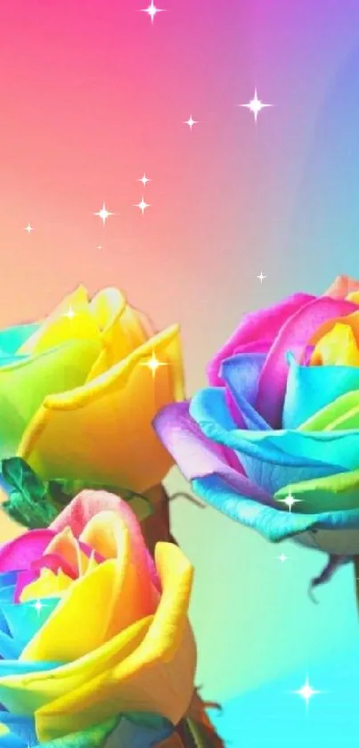 Vibrant rainbow roses on a colorful background.