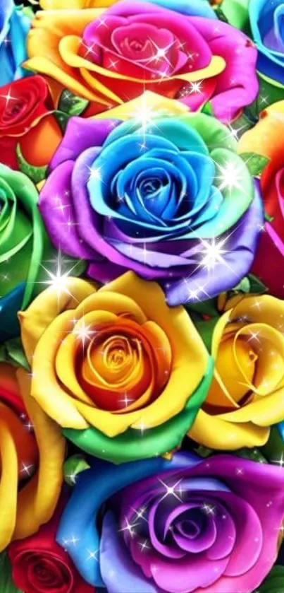 Vibrant wallpaper with rainbow roses and sparkling effects.