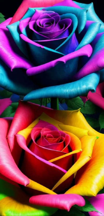 Vibrant multi-colored roses with a rainbow palette, perfect for phone wallpaper.