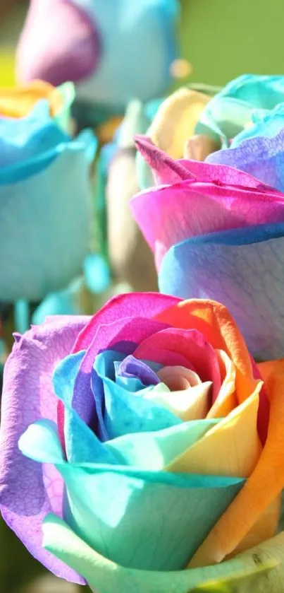 Vibrant multi-colored roses with rainbow hues.