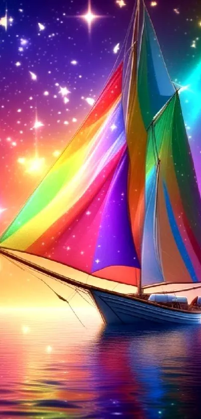 Colorful sailboat under starlit sky reflecting on ocean.