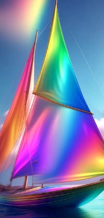 Vibrant rainbow sailboat on blue ocean waters with colorful sails.