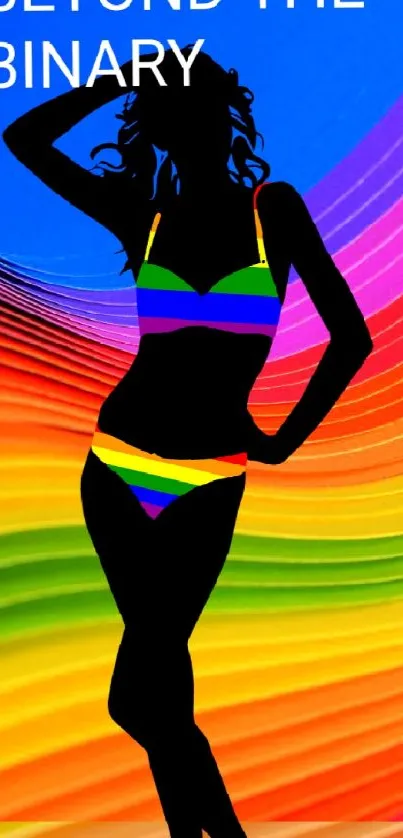 Silhouette with rainbow colors against abstract wave background.