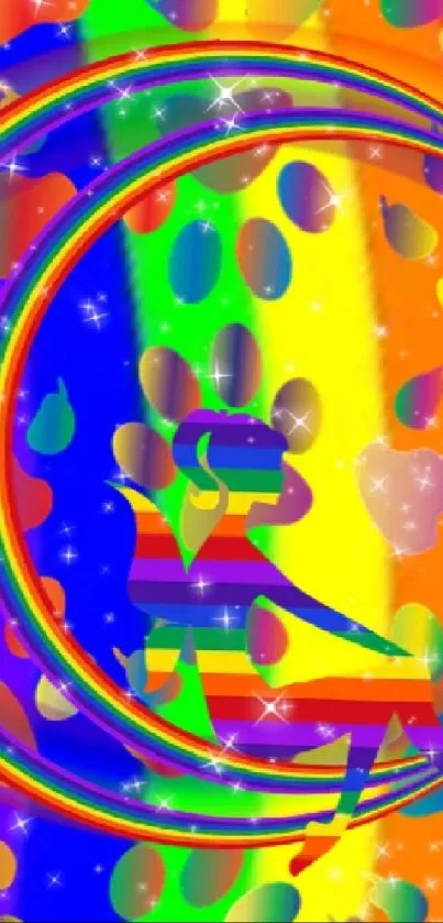 Colorful rainbow silhouette with cosmic arcs.