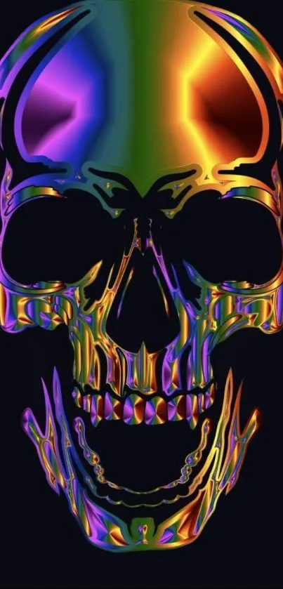 Vibrant skull with radiant rainbow colors on a dark background.