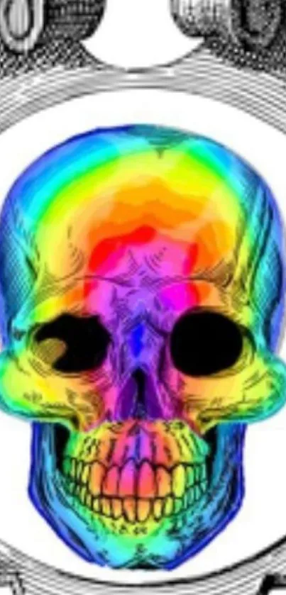 Colorful psychedelic skull with a rainbow theme on a mobile wallpaper.