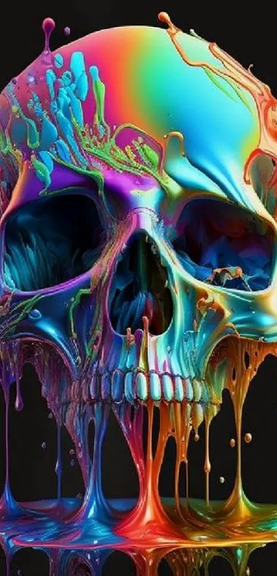 Vibrant rainbow skull on black background mobile wallpaper.