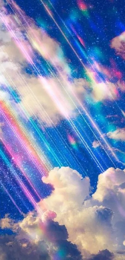 Vibrant rainbow sky with cosmic clouds and colorful prismatic rays.