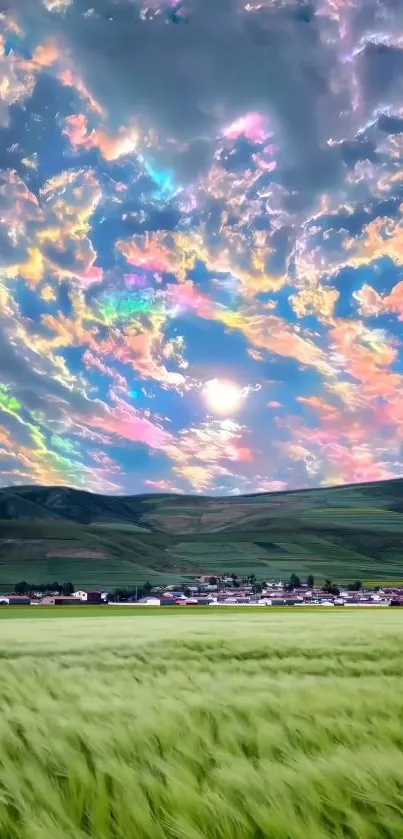 Vibrant rainbow clouds over a grassy field and distant mountains.