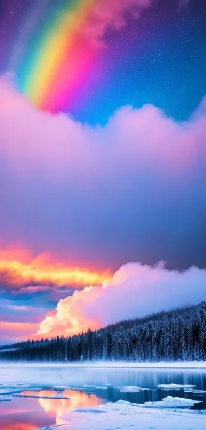 A vibrant rainbow over a winter landscape with purple skies.