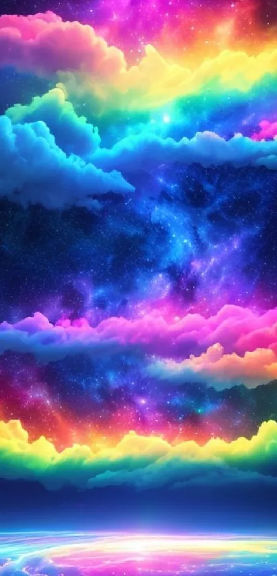 Vibrant rainbow clouds against a starry night sky.