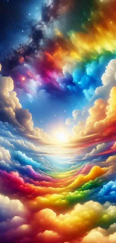 Vibrant rainbow sky with colorful clouds.