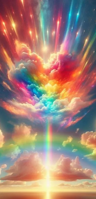 Vibrant rainbow explosion in the sky over a sunset ocean view.