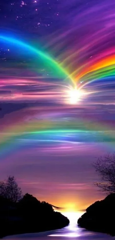 Vibrant rainbow arcs across a serene sunset sky over a tranquil landscape.