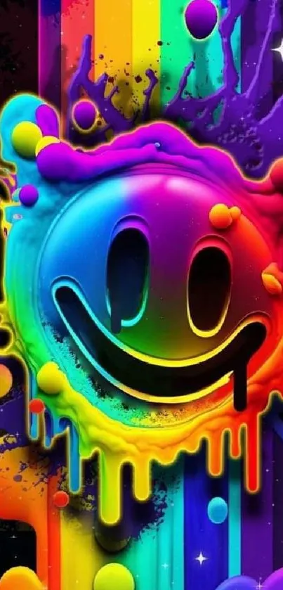 Vibrantly colored rainbow smiley face wallpaper dripping with colorful paint.