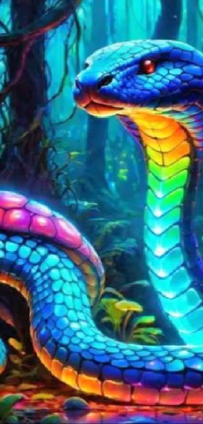 Vibrant rainbow-colored snake in mystical forest background.