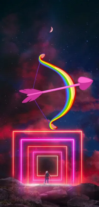 Colorful cosmic wallpaper with neon shapes and rainbow arrow.