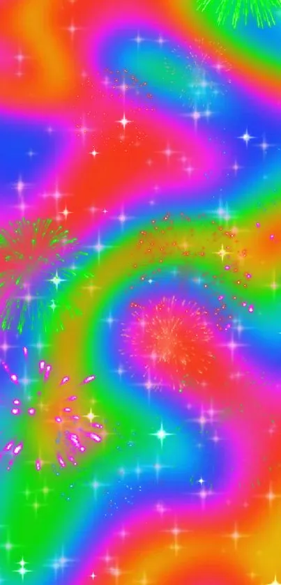 Vibrant rainbow wallpaper with sparkles and stars, perfect for mobiles.