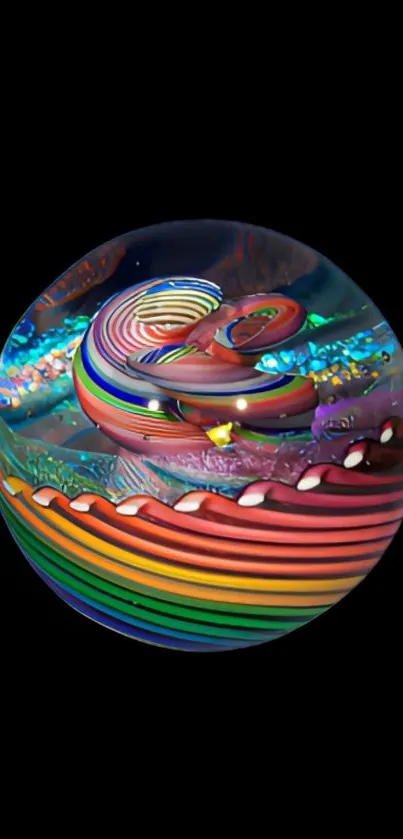 Vibrant rainbow sphere with abstract design on black background.