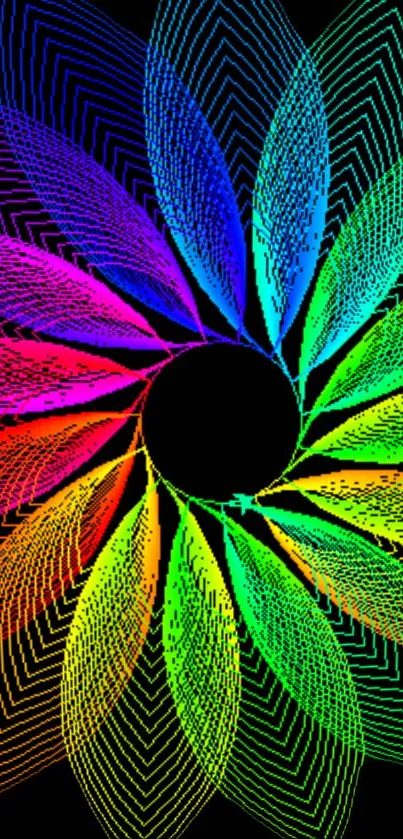 Vibrant rainbow spiral wallpaper with neon colors on black background.