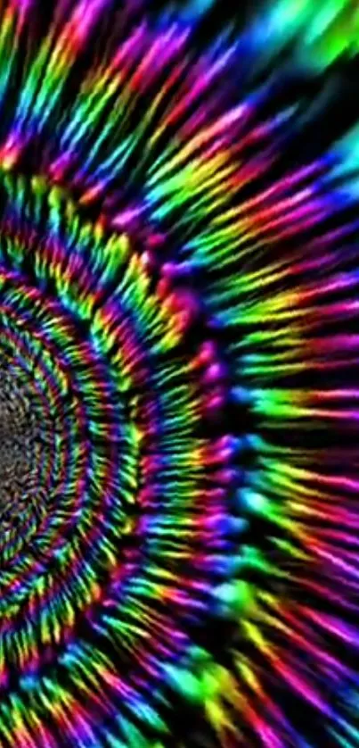 Spiral pattern with vibrant rainbow colors on a black background.