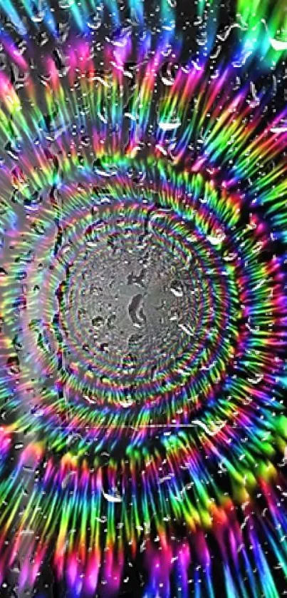 Vibrant rainbow spiral wallpaper with water droplets on black background.