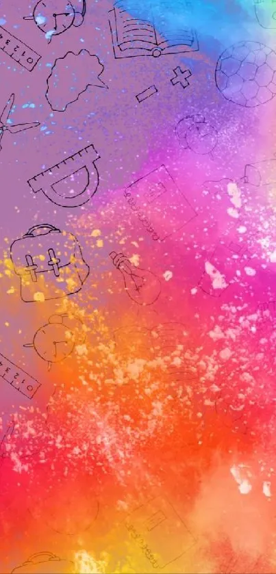 Vibrant rainbow splash wallpaper with artistic doodles for mobile phones.