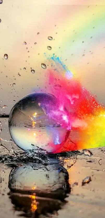 Crystal ball with colorful rainbow splash effect on reflective surface.