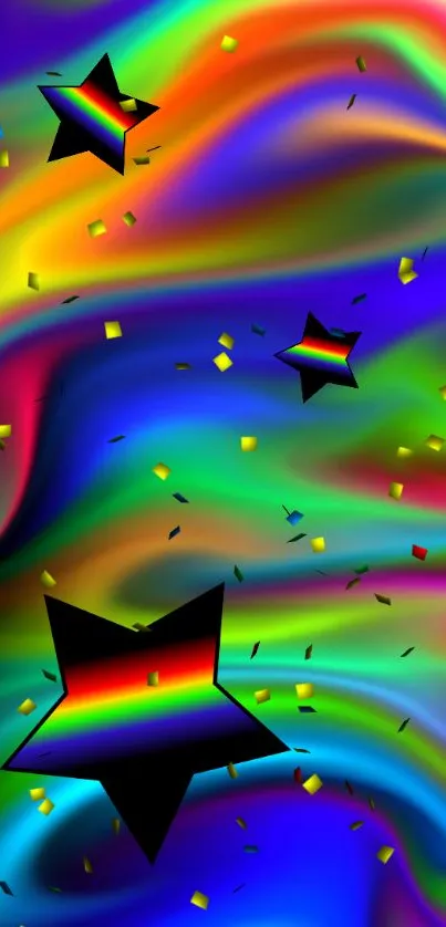 Colorful rainbow star wallpaper with vibrant swirls and stars.