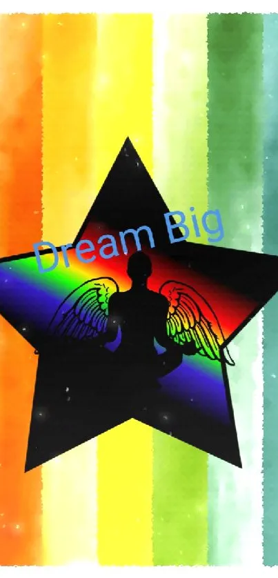 Vibrant rainbow star with colorful stripes and 'Dream Big' text on a phone wallpaper.