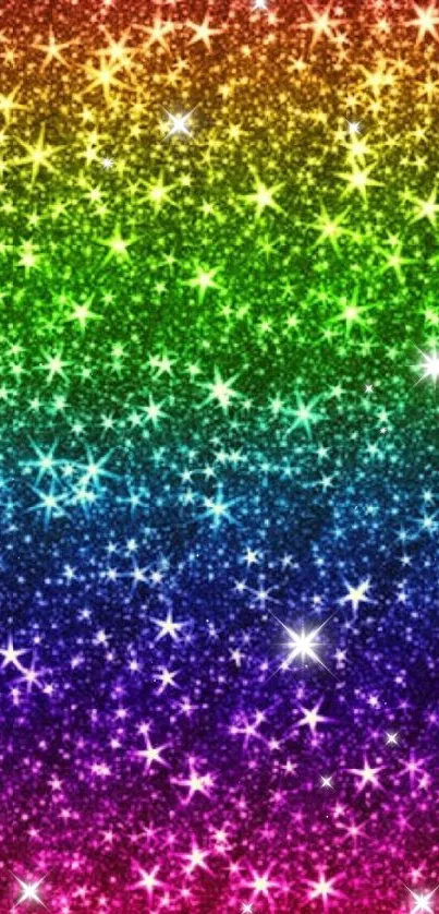 Vibrant rainbow wallpaper with sparkling stars.