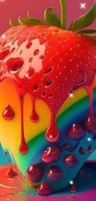 Vibrant rainbow-themed strawberry artwork on a phone wallpaper.