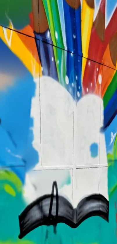 Colorful mural with rainbow bursting from an umbrella.