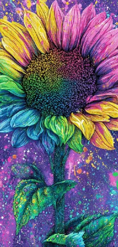 Vibrant rainbow-hued sunflower in cosmic background.