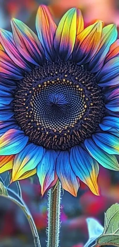 Multicolor rainbow sunflower artistic wallpaper with vibrant blue petals.