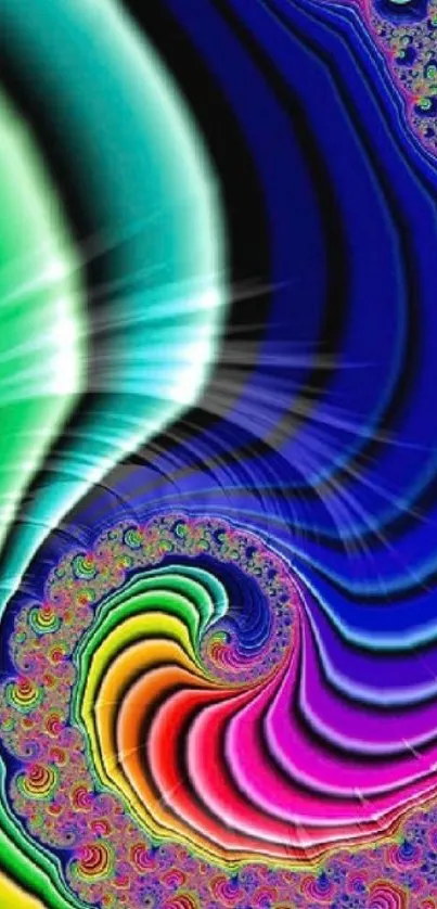 Colorful fractal swirl wallpaper for mobile with vibrant rainbow hues.