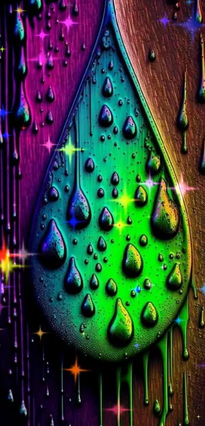 Vibrant rainbow teardrop with droplets on dark background.