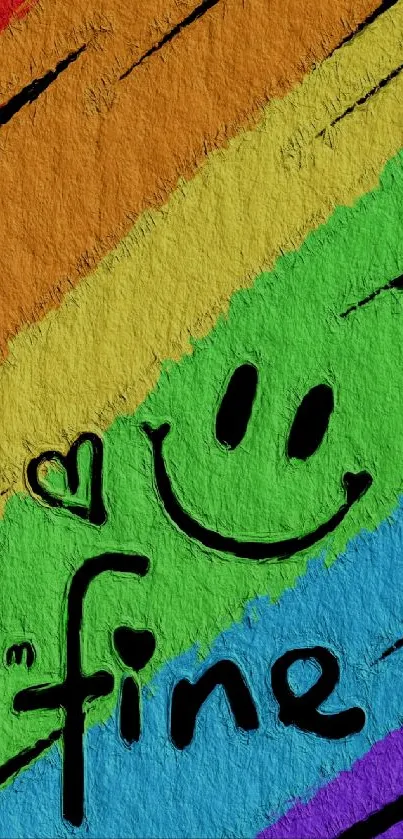 Vibrant rainbow wallpaper with textured design and black doodle art.
