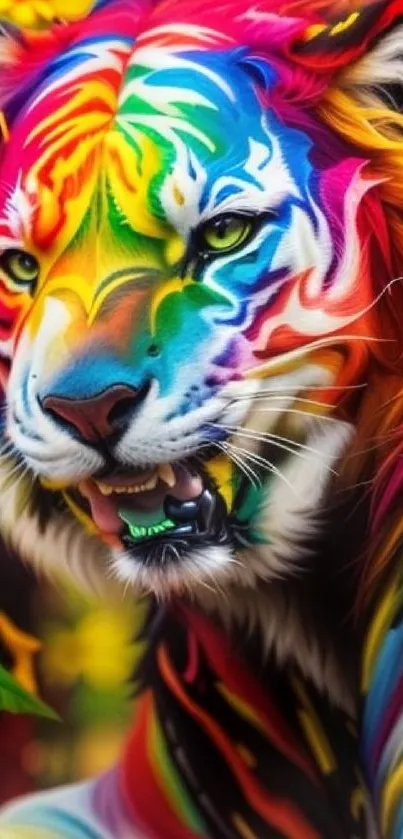 Vibrant rainbow-colored tiger artwork on mobile wallpaper.