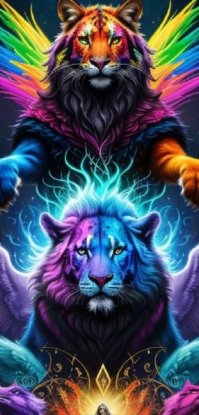 Vibrant rainbow-colored tigers with wings in fantasy art style.