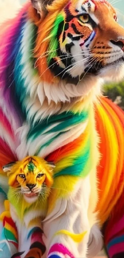 Majestic tiger and cub with vibrant rainbow fur.